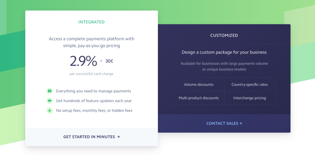 Stripe Billing pricing options displaying transaction fees and service features.