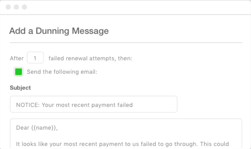 Maxio dunning message setup showing email subject for failed payment notifications.