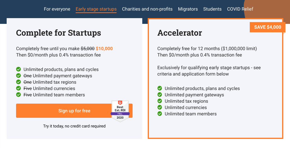 Stripe pricing plans for early-stage startups detailing features and savings.