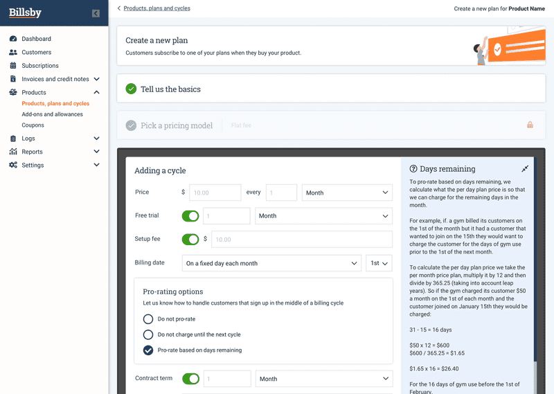 Billsby plan creation interface showing the setup of pricing models and billing cycles.