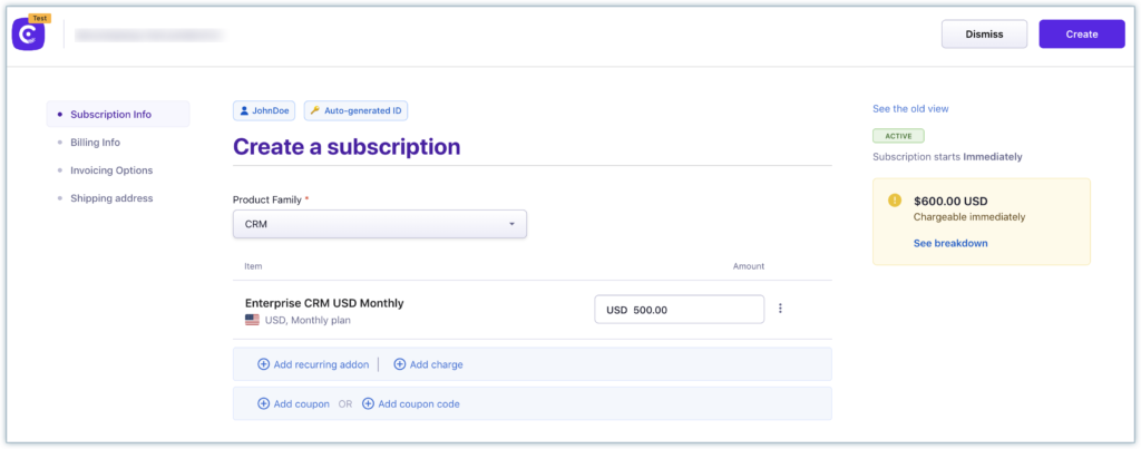 Chargebee subscription creation interface showing product family and pricing options.