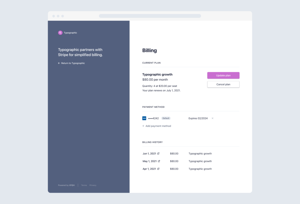 Typographic billing dashboard showing subscription and payment details.