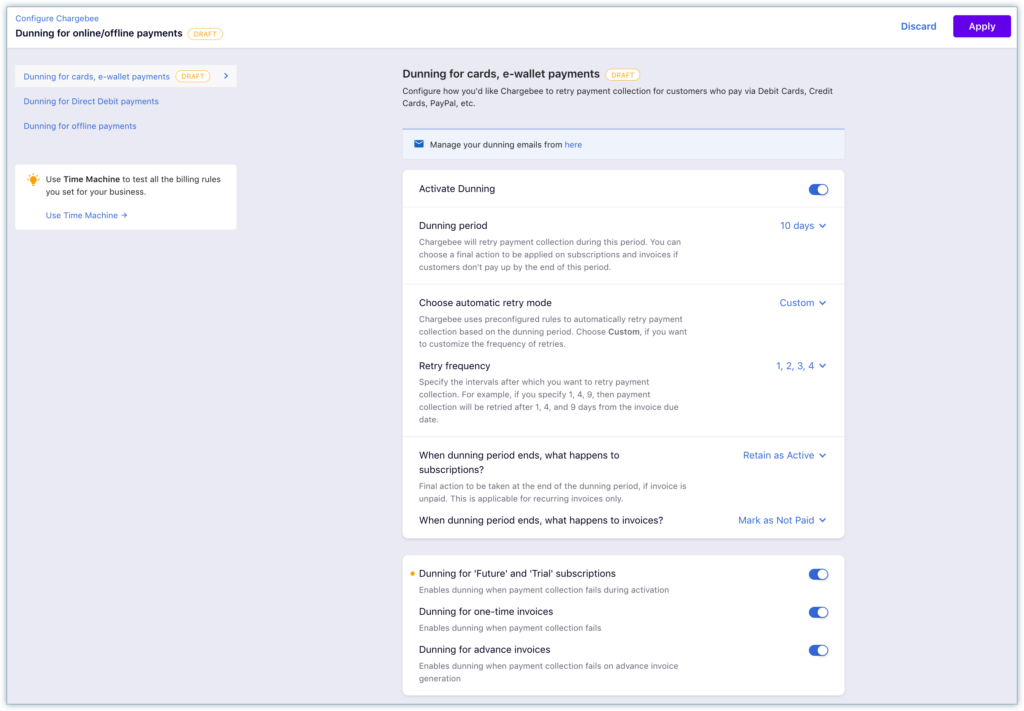 Chargebee dunning configuration settings for managing failed payments.