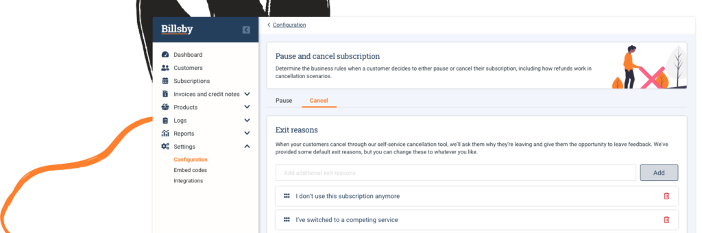 Billsby configuration screen showing subscription pause and cancellation options.