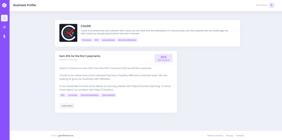 Clockit platform showing the pricing and commission structure for affiliate partners.