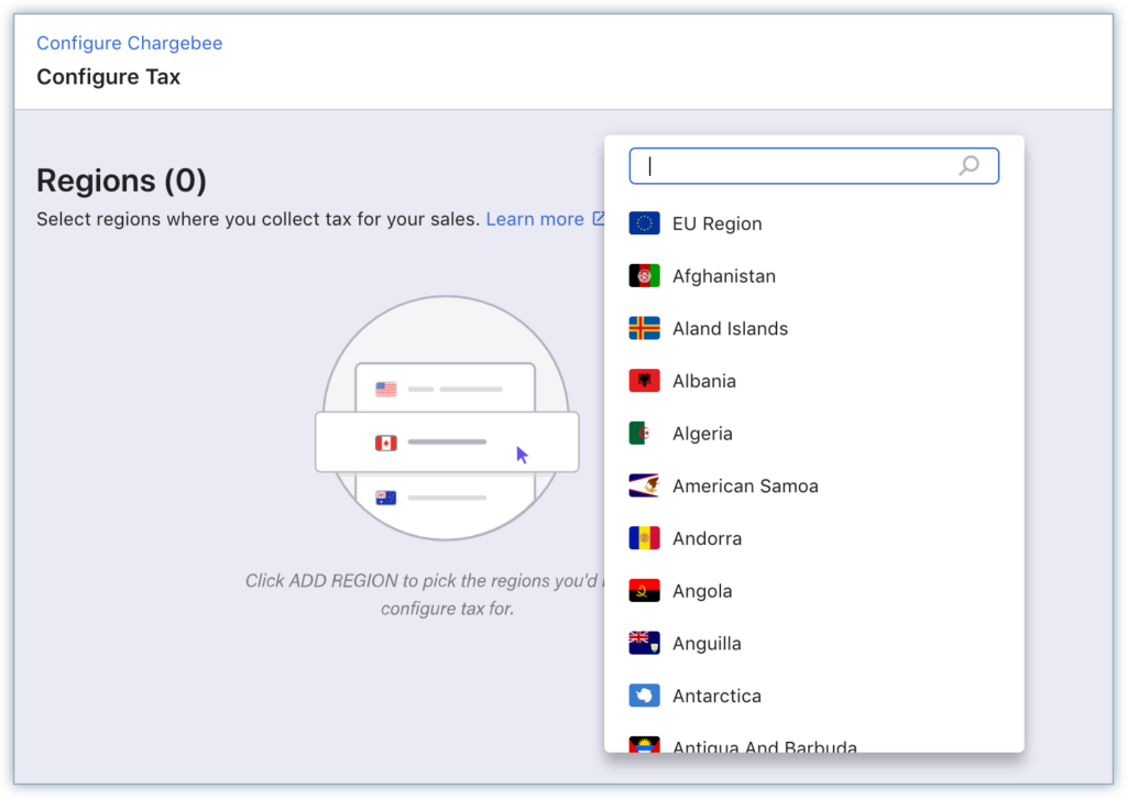 Chargebee tax management system showing regions for sales tax configuration.