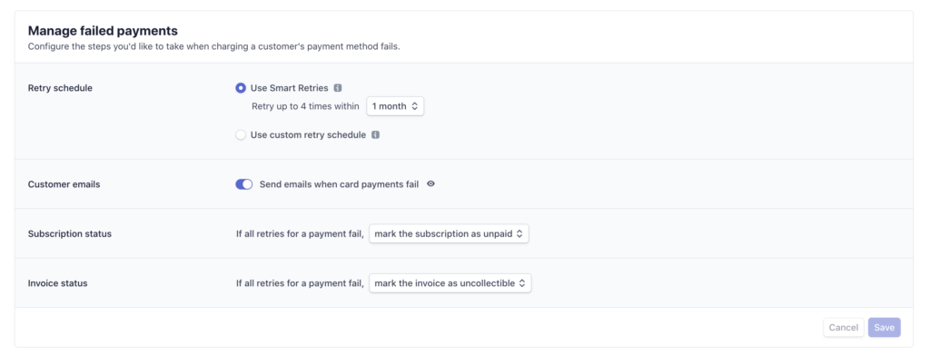 Chargebee payment management settings for configuring retry schedule and customer email notifications.
