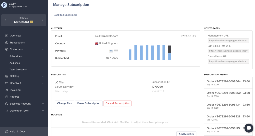 Paddle subscription management interface showing customer details and subscription options.
