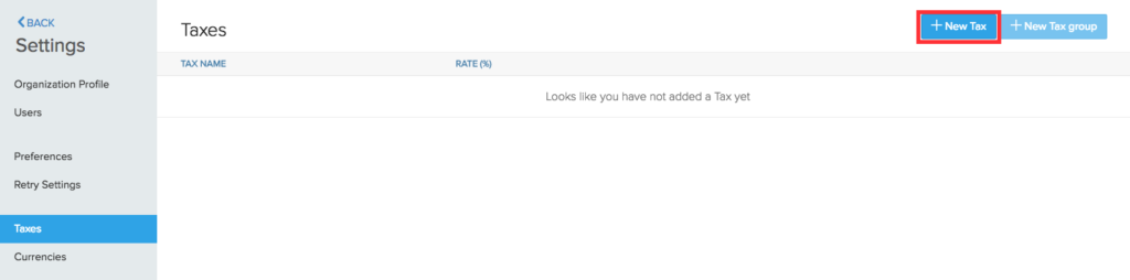 Zoho Subscriptions tax settings screen showing options to add new tax.