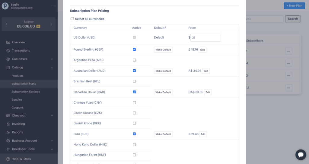 Scully subscription plan pricing and currency selection interface.
