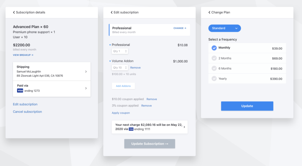 customer portal showing subscription management options