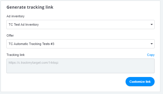 TrackMyTarget link generation interface showing ad inventory and tracking link options.