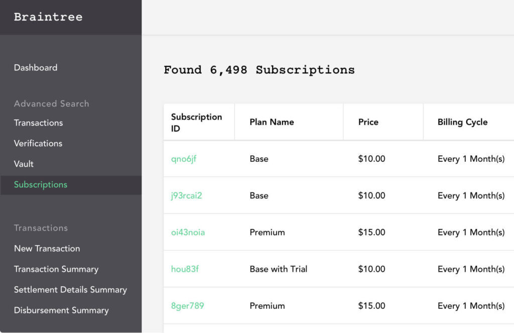 Braintree subscriptions management showing a list of active subscriptions.