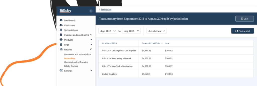 Billsby accounting dashboard showing tax summary by jurisdiction.