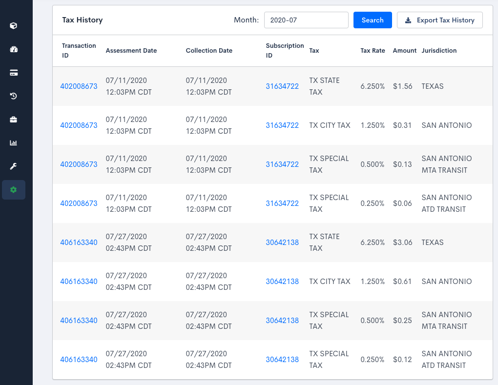 Tax history details showing transaction IDs, assessments, and tax rates.