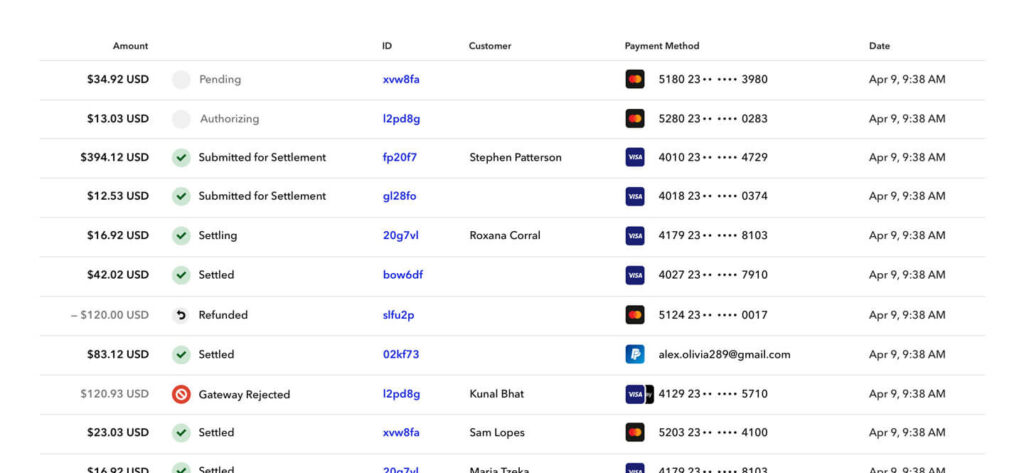 Advanced transaction search showing payments filtered by various criteria.