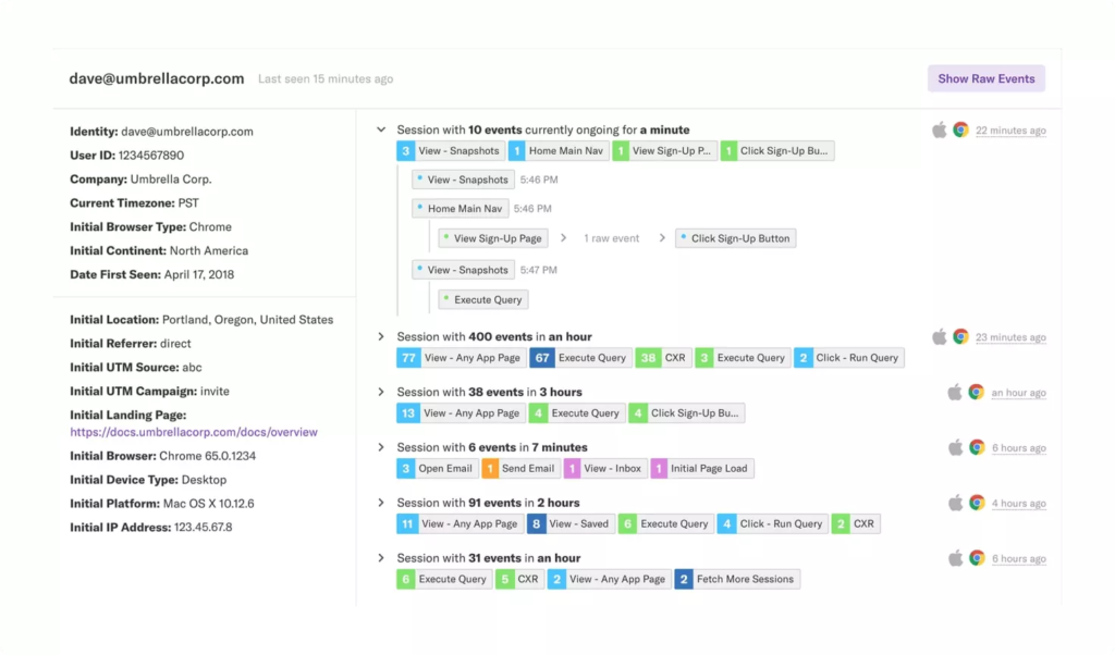 Heap session events overview with various user interactions.