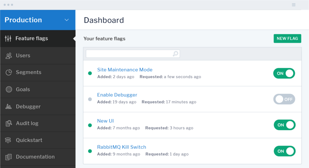 LaunchDarkly dashboard displaying feature flags and their statuses.
