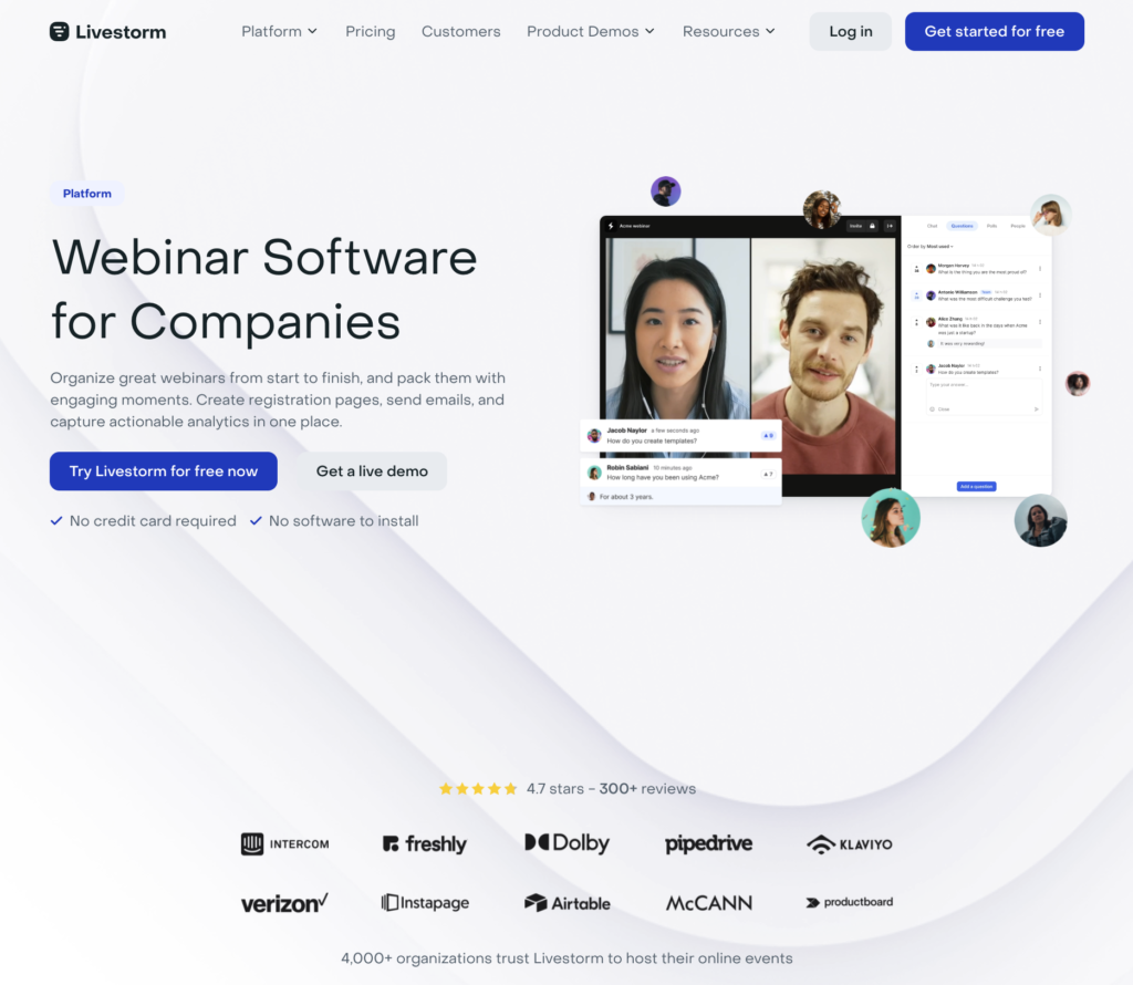 Livestorm interface showing webinar features and user engagement.