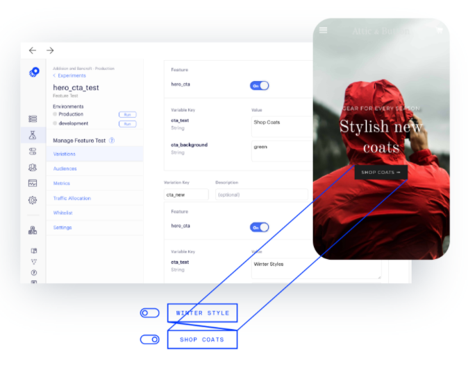 Optimizely interface showing feature text management for a campaign.