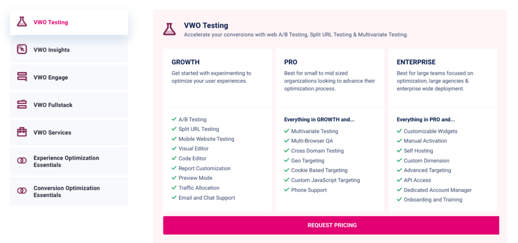 VWO Testing features and service offerings for optimizing conversions.