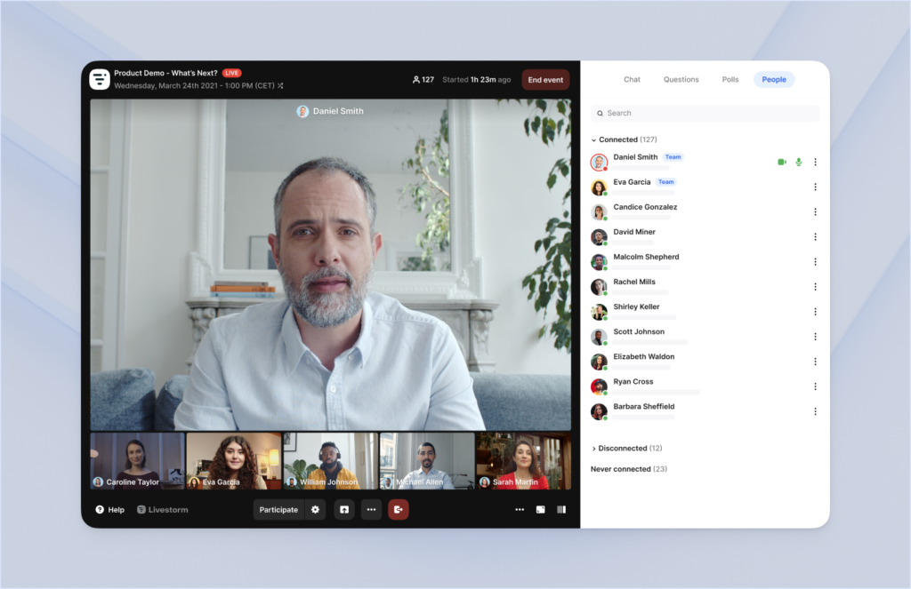 Livestorm webinar interface showing participants and host Daniel Smith.
