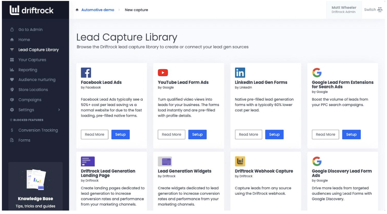 Driftrock lead capture library showcasing various lead generation options.