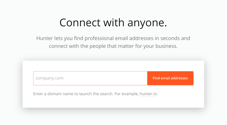 Hunter interface showing domain search for finding email addresses.