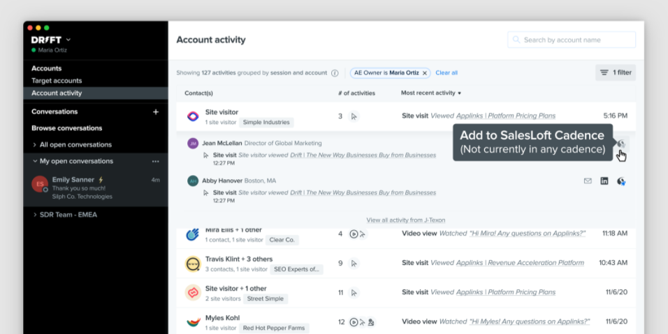 SalesLoft account activity showing engagement metrics and user interactions.