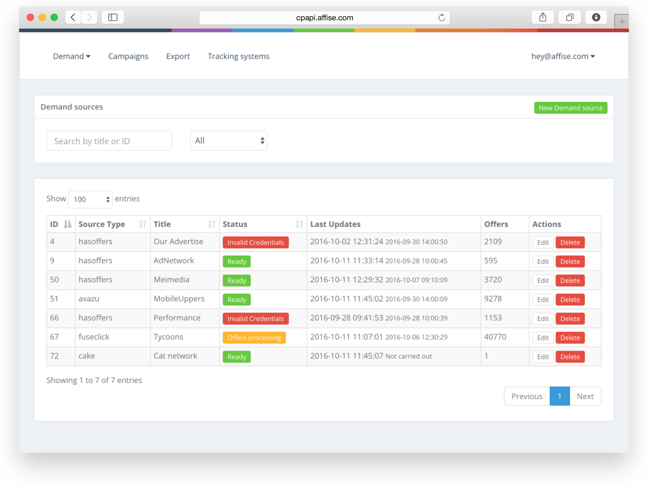 Alfie dashboard showing demand sources and their statuses.