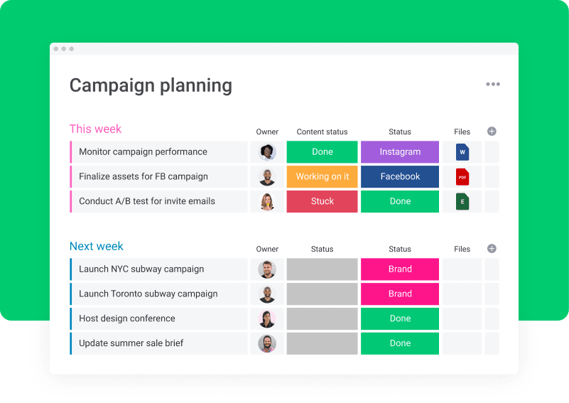 Campaign planning tool displaying tasks and statuses for marketing projects.