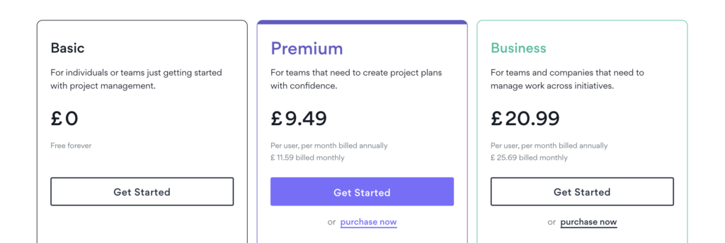 Free and paid plans for project management software with pricing details.