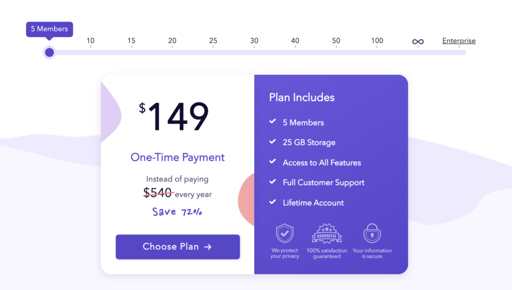 Infinity pricing plan showcasing options for team size and storage.