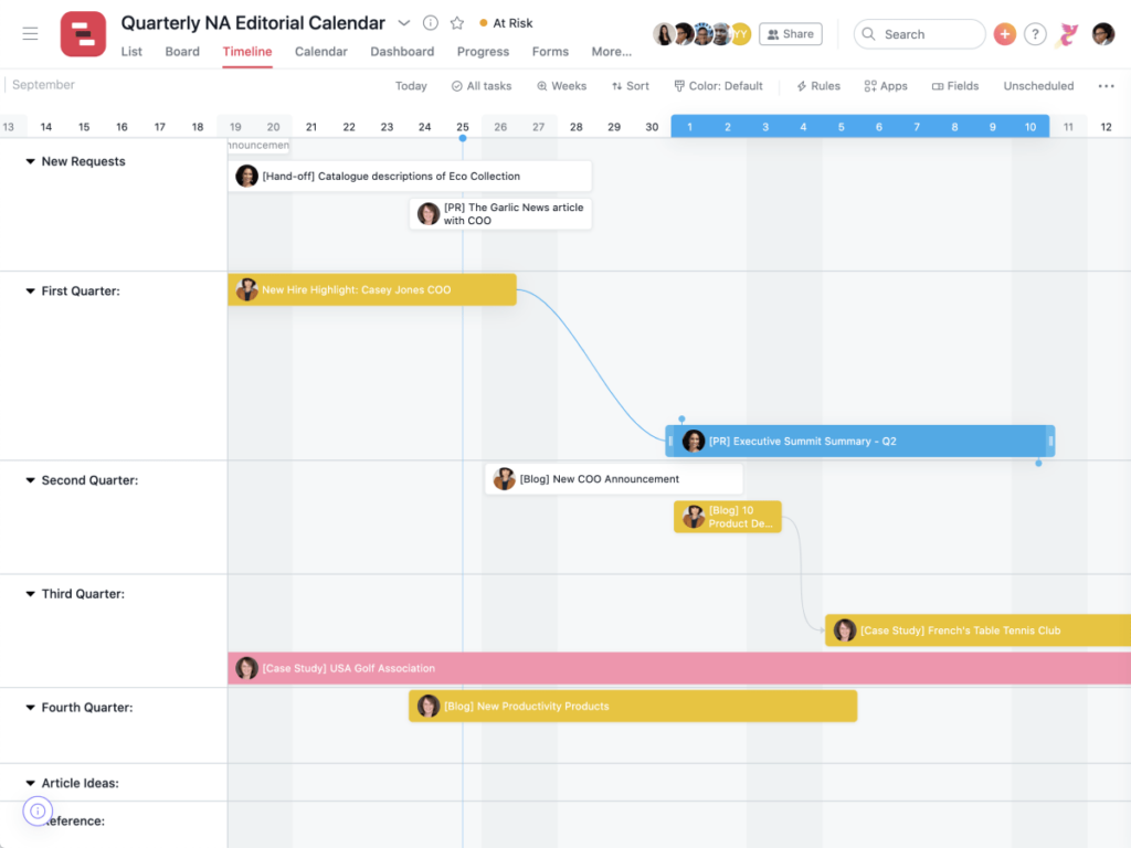 Asana timeline displaying project status and deadlines.