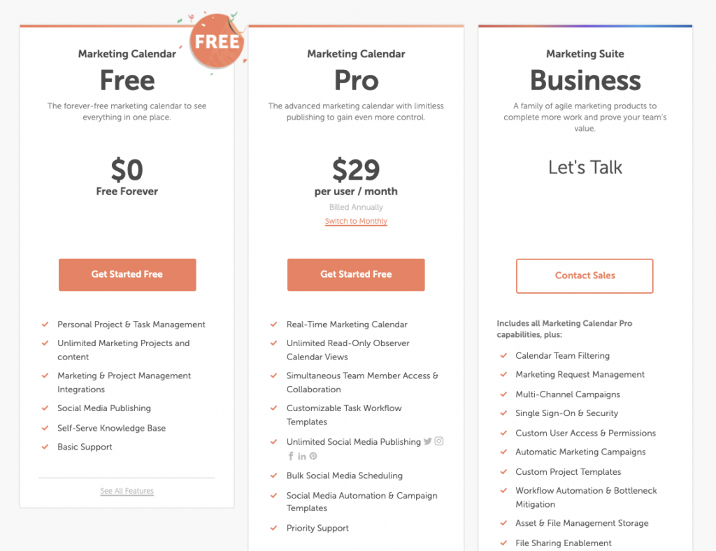 SocialBee screenshot showing features of the Marketing Calendar plans.