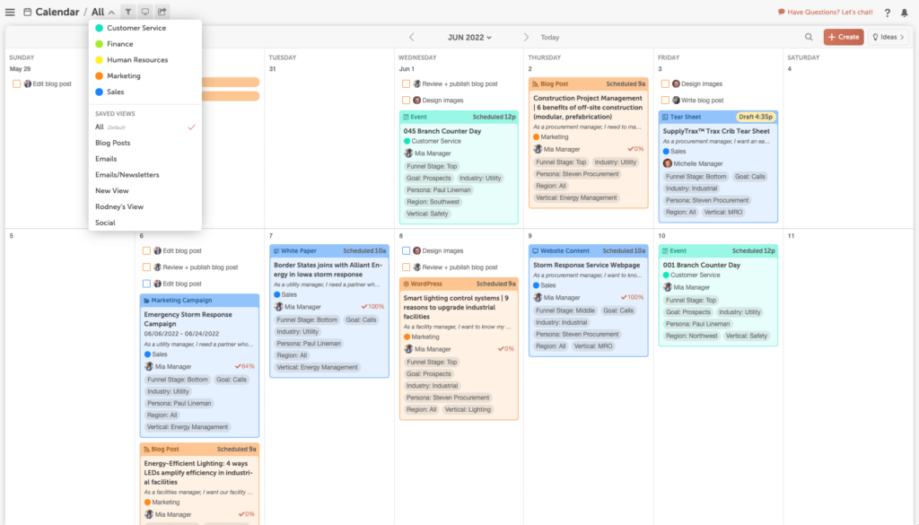Calendar tool displaying a content schedule for June 2022.