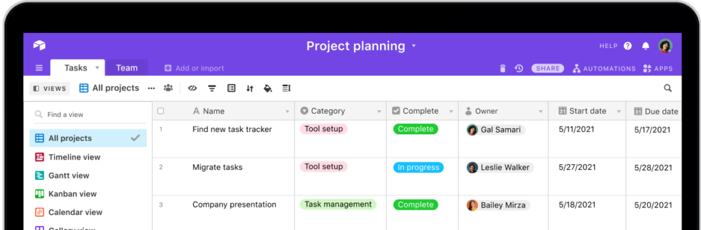 Airtable project planning interface showing task categories and completion statuses.