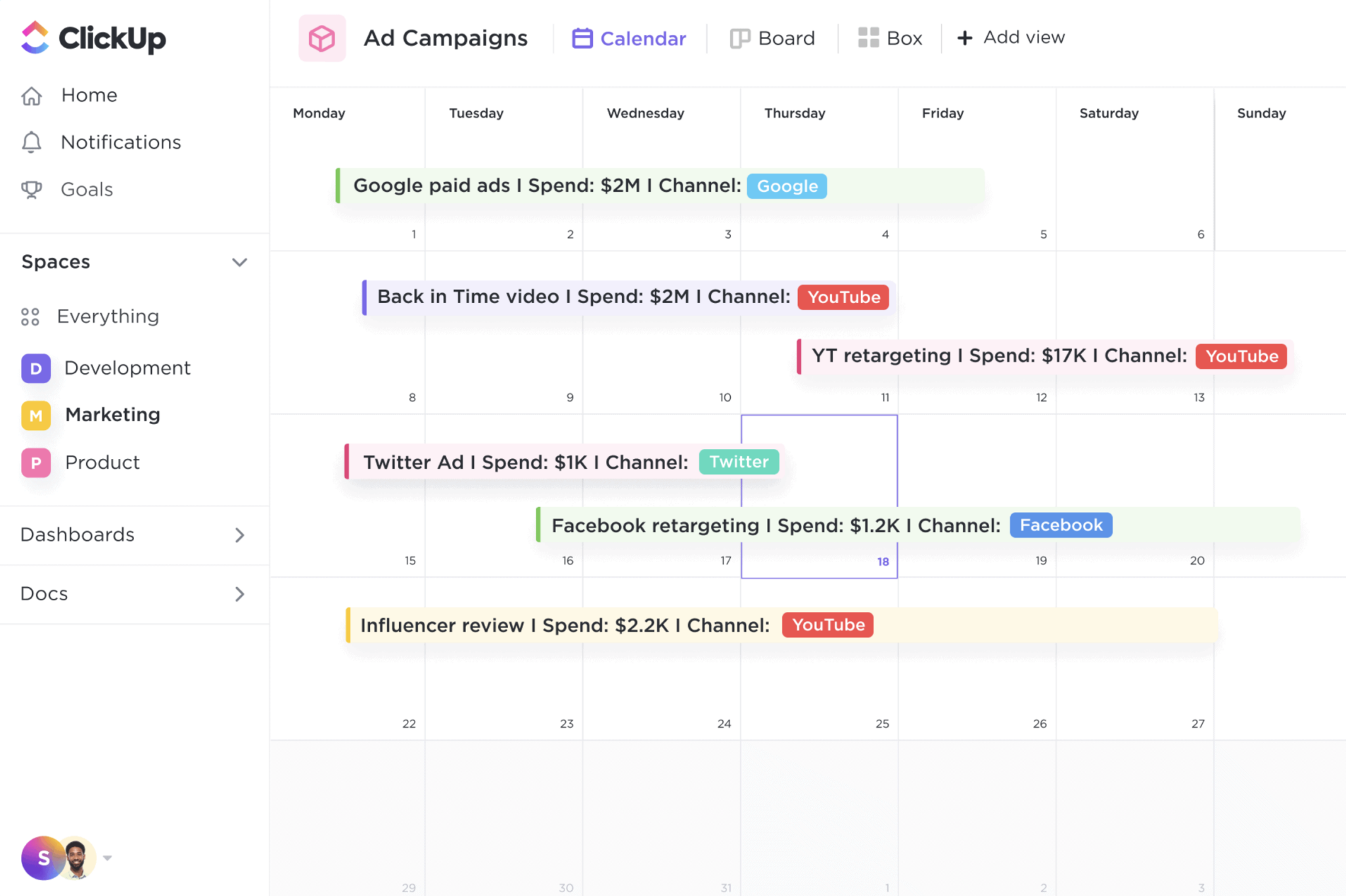 ClickUp ad campaign calendar showing budget allocation across various channels.