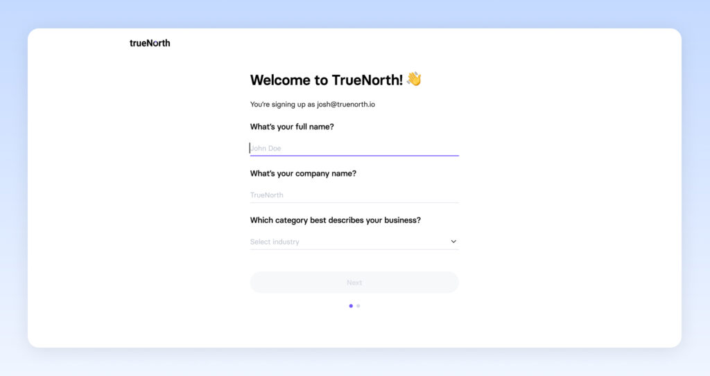 TrueNorth multi-step form with name and company input fields.