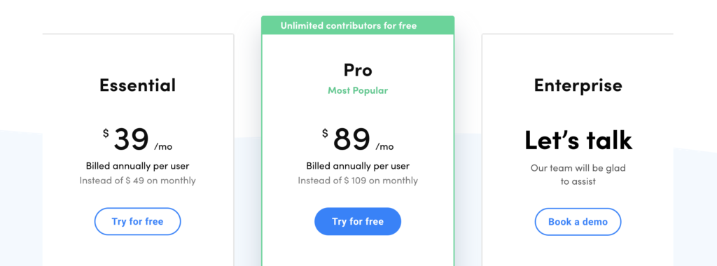 Screenshot of Craft's pricing page