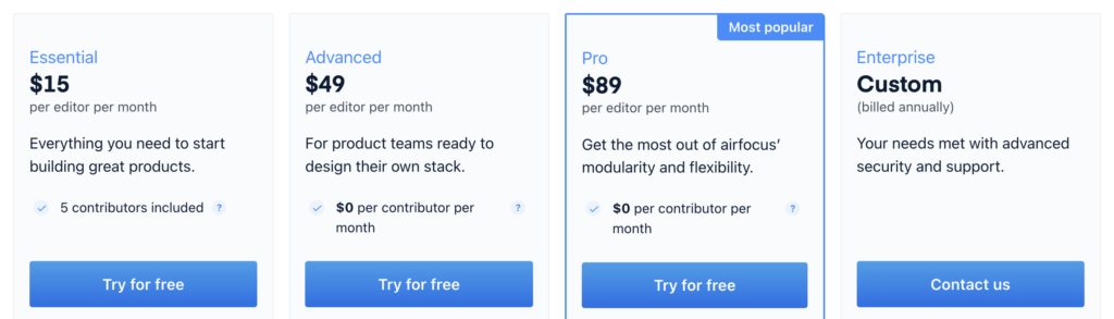 Screenshot of airfocus' pricing details