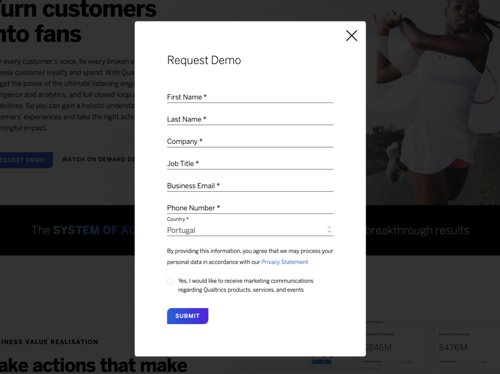Screenshot of Qualtrics enquiry form