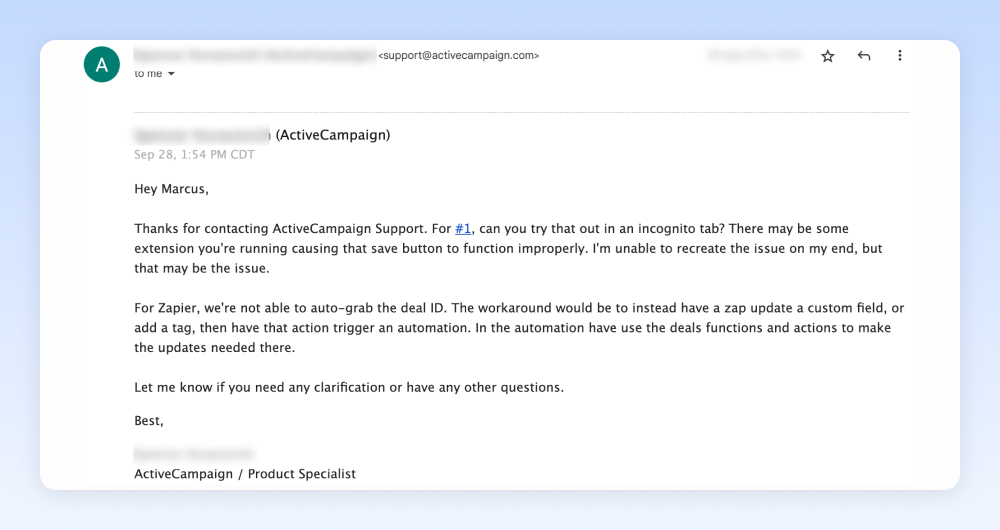 Email reply from an ActiveCampaign US-based support agent resolving a customer query within 24 hours.