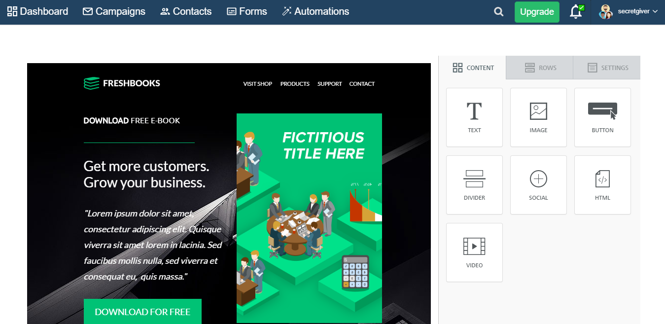 FreshBooks dashboard showcasing free e-book download promotion.