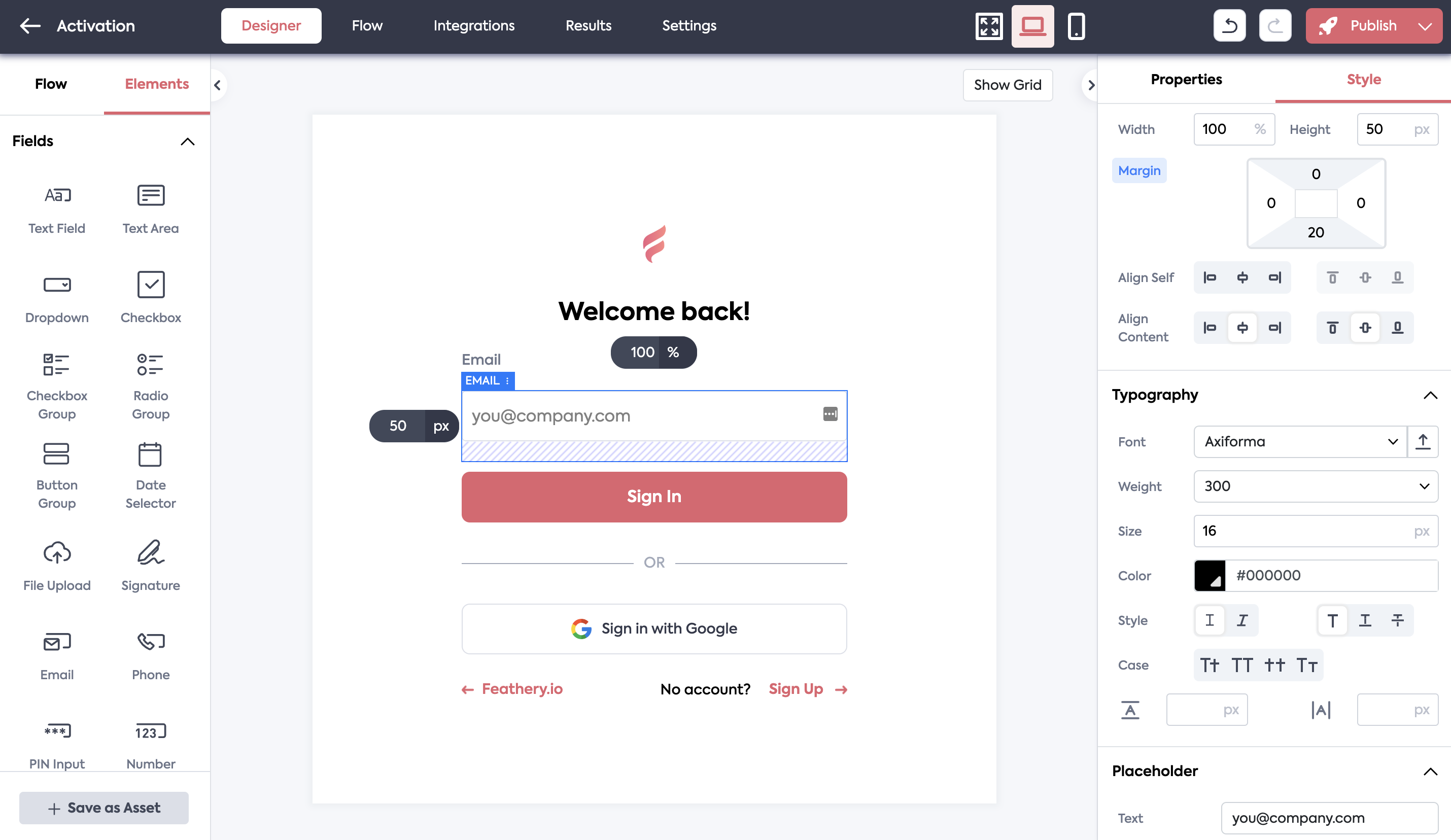 Feathery form builder interface displaying a sign-in form.