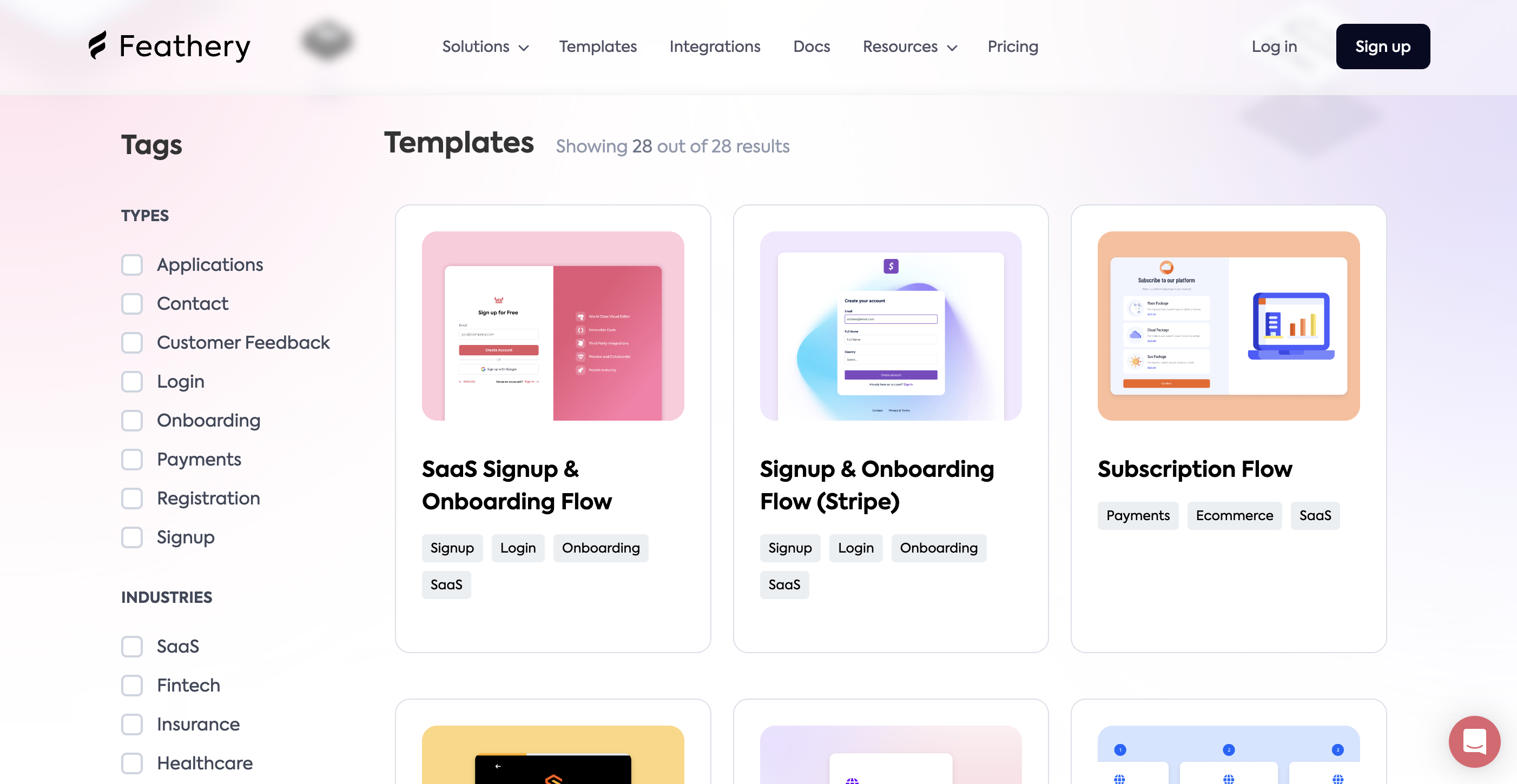 Feathery template selection interface showing various onboarding flow options.