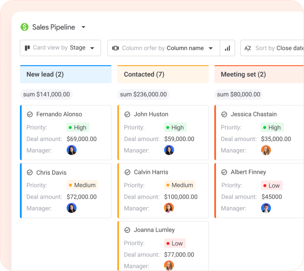 NetHunt CRM sales pipeline showing deal stages and amounts.