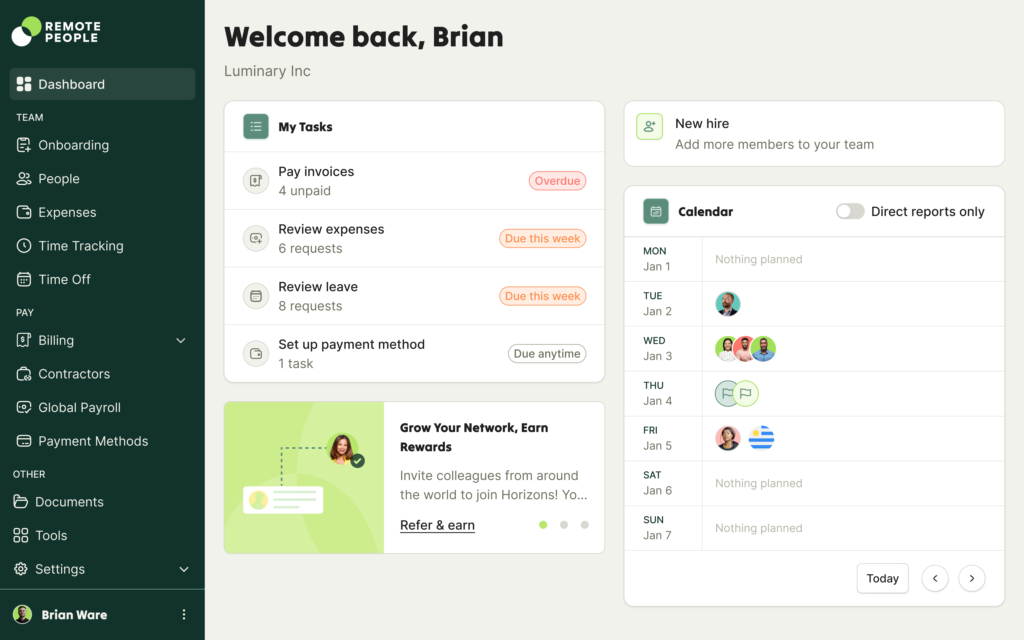 RemotePeople dashboard displaying tasks and calendar events.