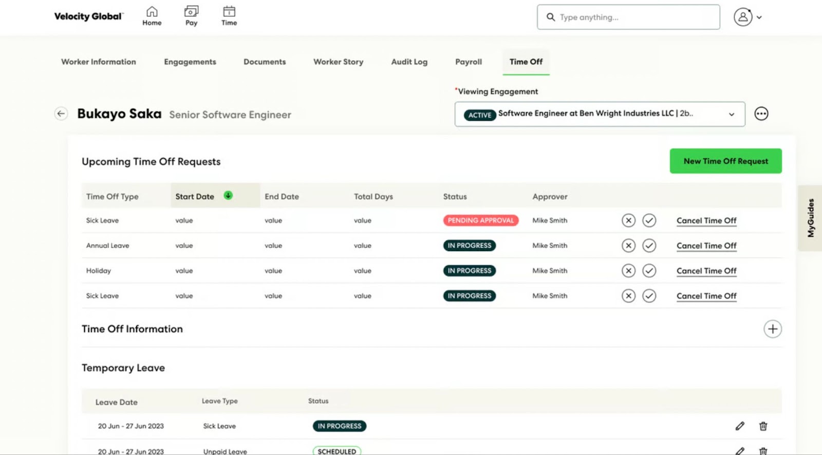 Velocity Global time off request interface showing upcoming requests and leave information.
