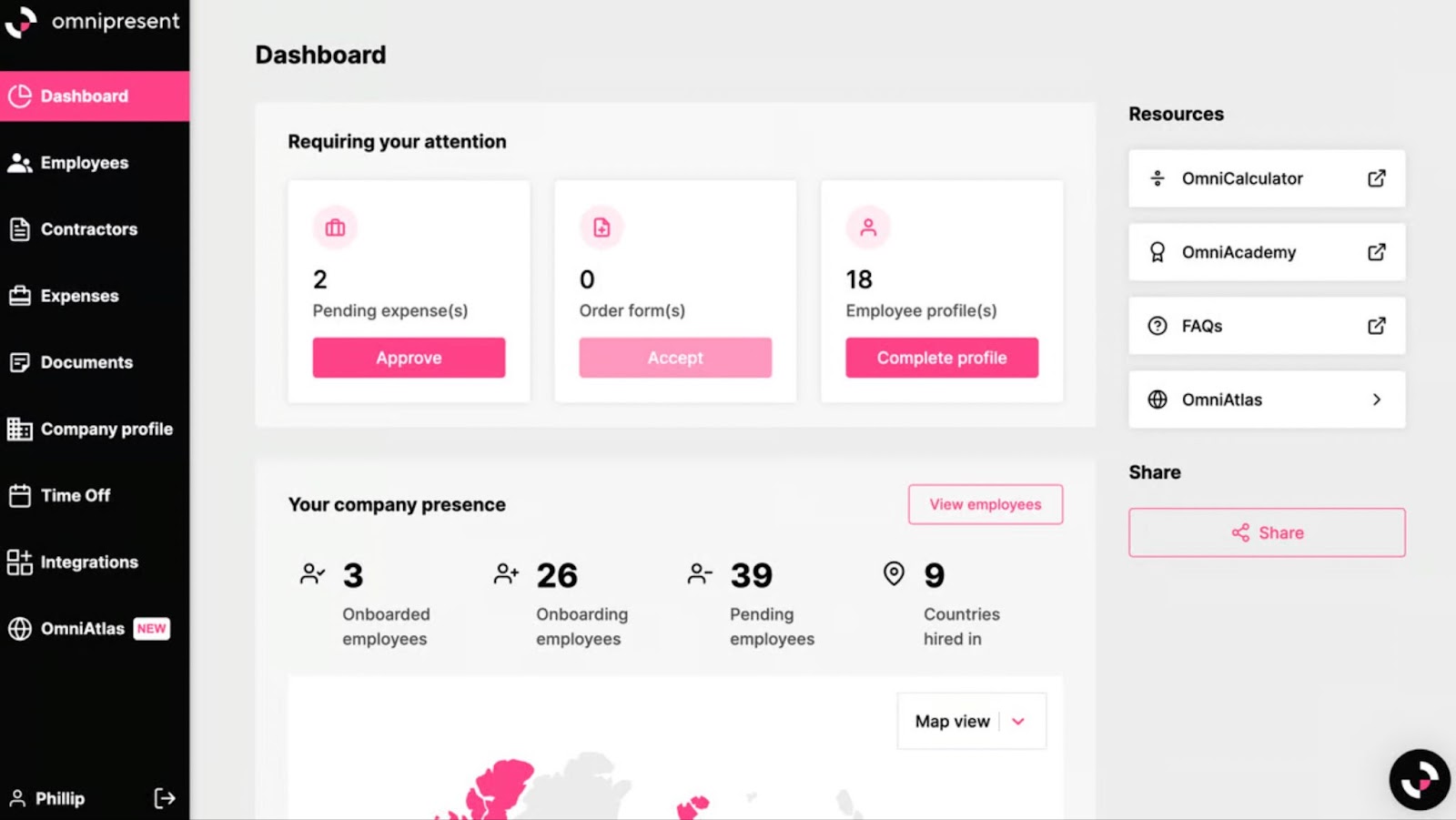 Omnipresent dashboard displaying employee onboarding and company presence metrics.
